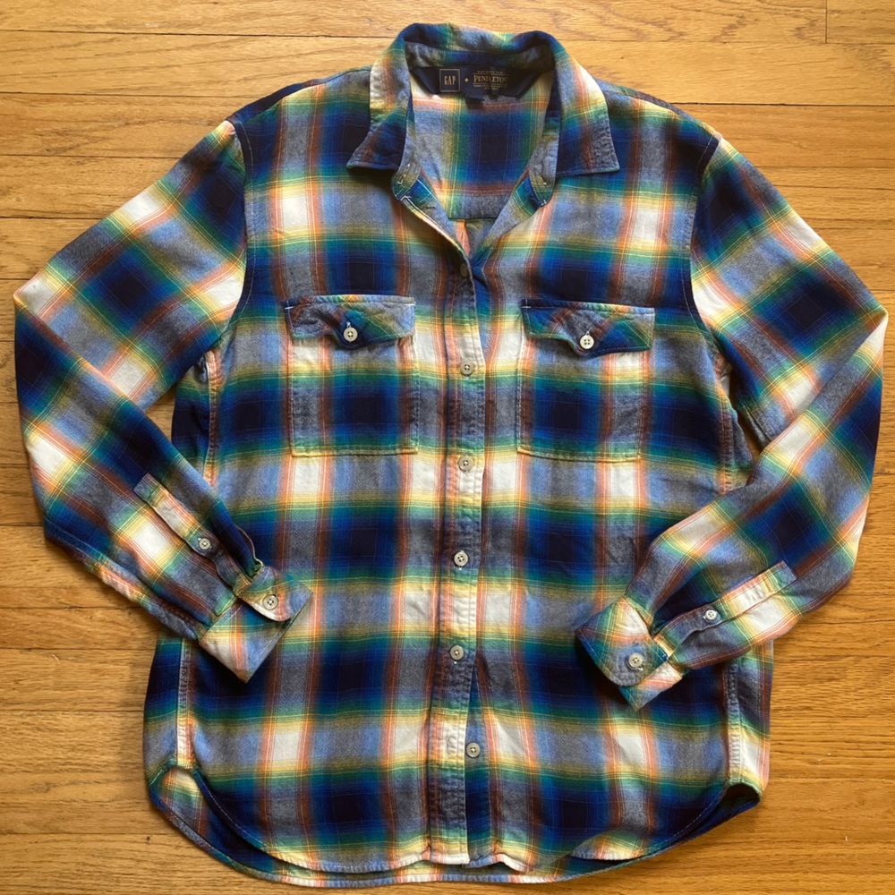 Gap + Pendleton Women's Blue White Plaid Flannel "Boyfriend" ButtonUp Shirt Sz S
